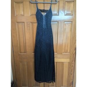 “SCALA” 100% SILK & BEADED FORMAL GOWN WOMEN’S Small Blue Black tie dress
